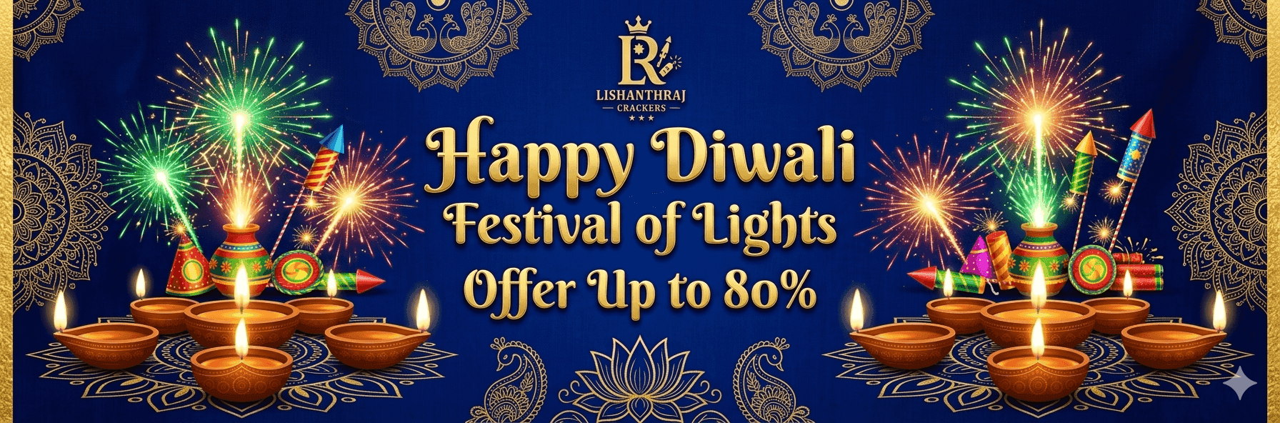 A vibrant display of colorful fireworks exploding in the night sky for a Grand Diwali Celebration.